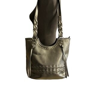 Sam & Hadley Purse Shoulder Bag‎ Faux Leather Black Studded Braided Large Tassel